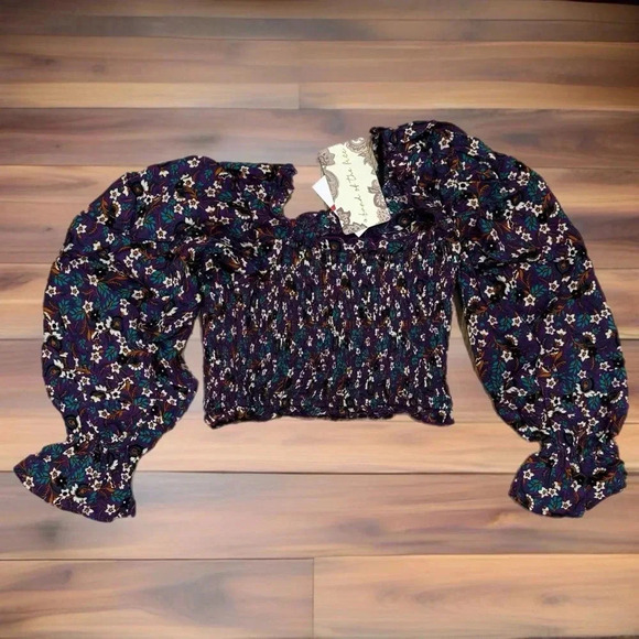 NWT BAND OF THE FREE Cropped Purple Floral Smocked Long Sleeve Blouse Sz XS - Picture 7 of 12